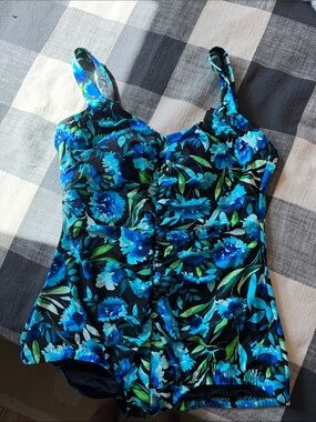 Maxine of Hollywood Black One-Piece Swimsuit with Blue Floral Print